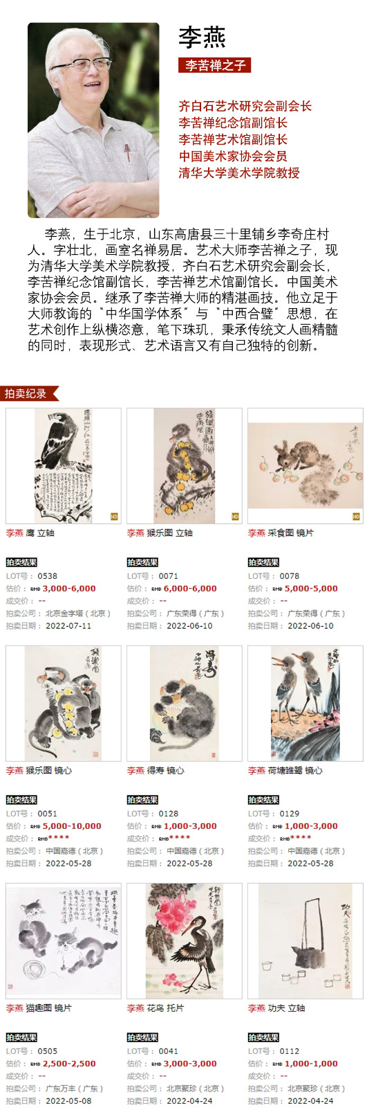 裱片在线拍卖,李苦禅之子 李燕【猴】收藏证书 合影 裱片价格,图片