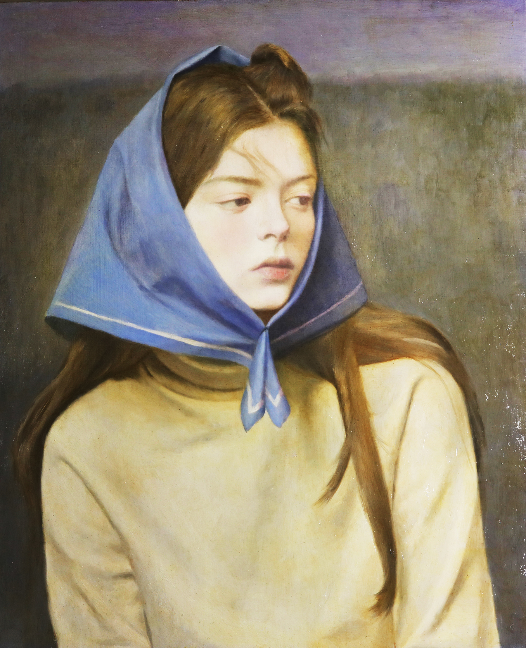 蓝头巾的女人油画图片
