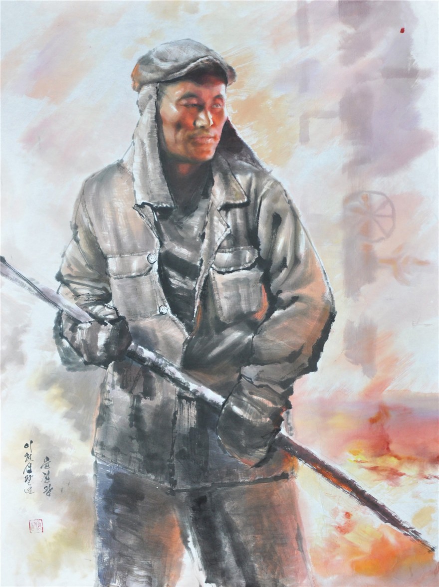 朝鲜国画一级画家尹正光炼钢工人