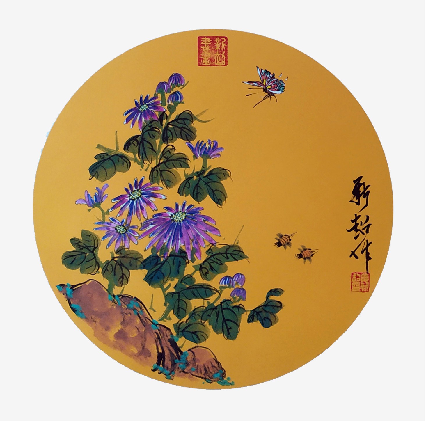 2022年新作品国画带证书,卡纸斗方:梅兰竹菊50x50cm在线拍卖,2022年新